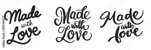 Collection of Made with Love text lettering. Hand drawn vector art.