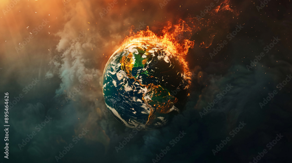 The Earth on fire with swirling smoke, illustrating global warming and the critical state of our planet The Earth on fire with swirling smoke, illustrating global warming and the critical state of our planet