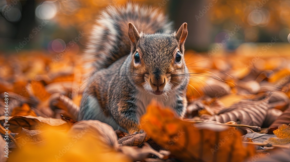 Close-up of a squirrel foraging for nuts among fallen leaves Close-up of a squirrel foraging for nuts among fallen leaves