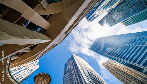 A low angle shot of towering skyscrapers reaching towards a vibrant blue sky, showcasing the grandeur of modern urban architecture. photo