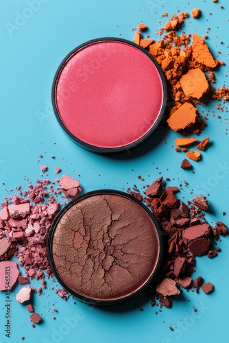 Two face powder compacts - one with pink powder on top, surrounded by orange, and one with brown powder on bottom, surrounded by pink - on blue background