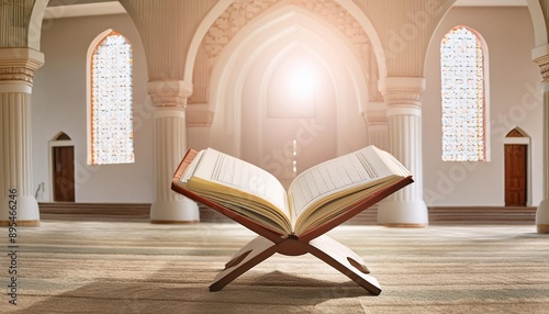 An open Quran on a stand, resting in a sunlit mosque with intricate architectural details. photo