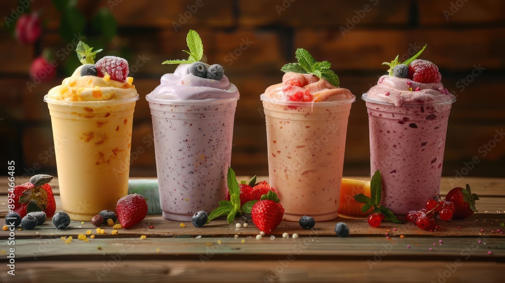Set of colorful healthy fruit milkshakes placed Set of colorful healthy fruit milkshakes placed