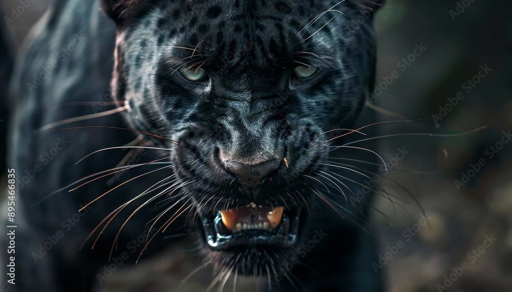 Intense portrait of an angry black panther gazing at the camera in a threatening manner Intense portrait of an angry black panther gazing at the camera in a threatening manner