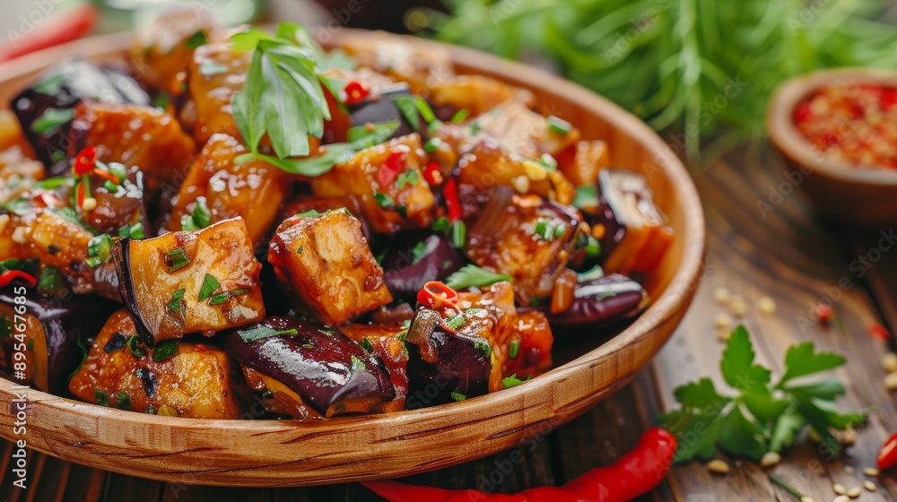 The national cuisine of Thailand. Thai appetizer of eggplant and tofu. The national cuisine of Thailand. Thai appetizer of eggplant and tofu.