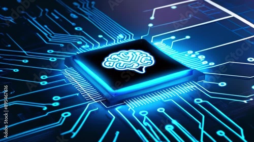 The video shows a computer chip with a blue glowing brain icon on it, set against a background of circuit board lines. photo