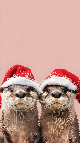 Playful Christmas Otters Dressed as Elves on Plain Background