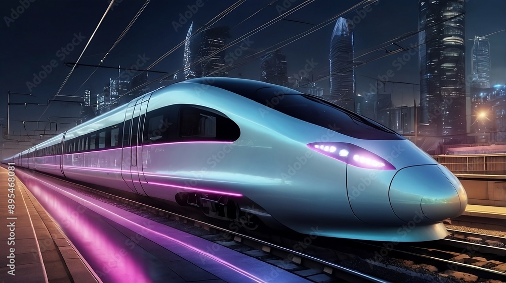 Fototapeta premium High-speed train in motion, illuminated with neon lights and futuristic design 