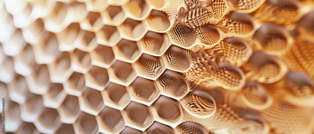 Panoramic close-up, high detail scan of textured honeycomb pattern, Generative AI Panoramic close-up, high detail scan of textured honeycomb pattern, Generative AI