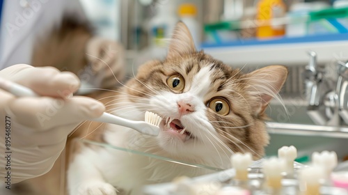 Ragdoll Cat Getting Teeth Brushed by Veterinarian with Toothbrush