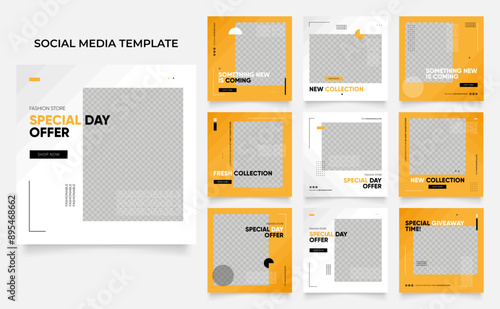 social media template banner blog fashion sale promotion. fully editable instagram and facebook square post frame puzzle organic sale poster. fresh yellow element shape vector background