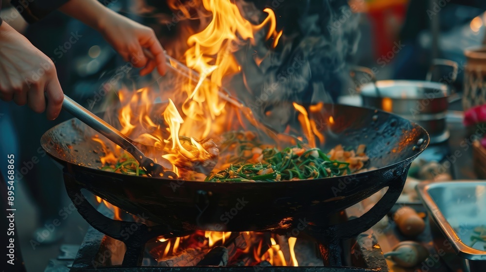 Close-Up of Street Food Cooking in Wok Over Open Flames Close-Up of Street Food Cooking in Wok Over Open Flames
