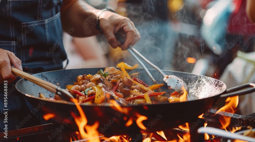 Fototapeta premium Close-Up of Street Food Cooking in Wok Over Open Flames