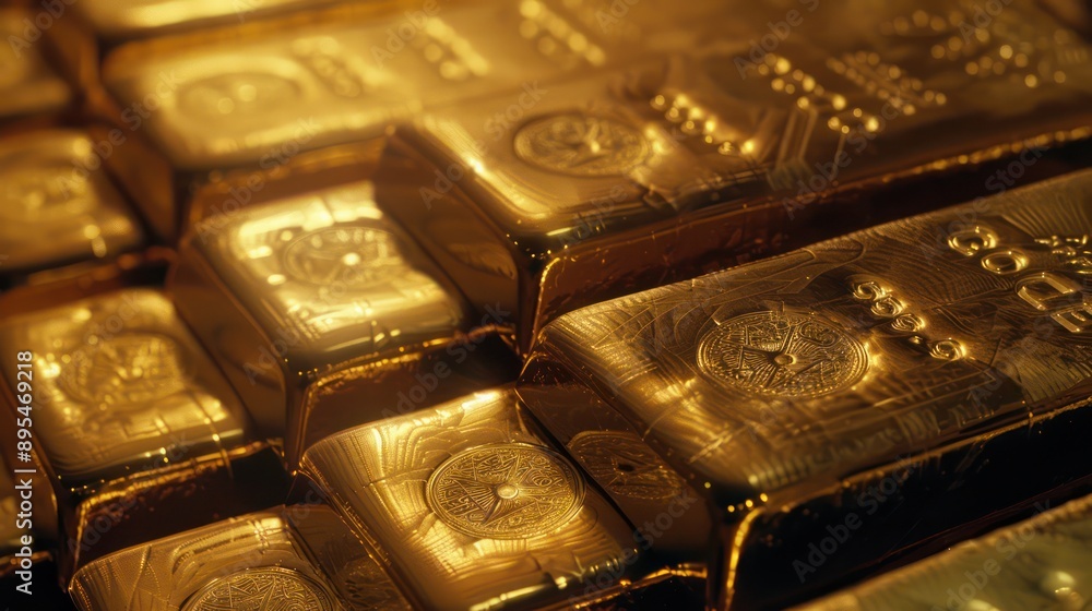 close-up view of a series of gold bars stacked neatly, with engraved symbols of different global currencies, representing secure investments close-up view of a series of gold bars stacked neatly, with engraved symbols of different global currencies, representing secure investments