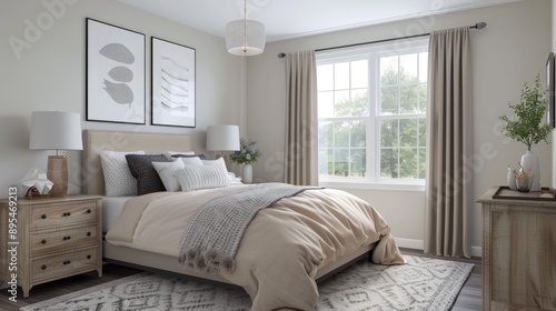 Serene Guest Bedroom with Queen-Size Bed and Blank Poster Mockup, Cozy and Inviting Interior Decor Concept photo