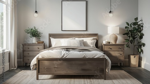 Tranquil Guest Bedroom with Queen-Size Bed and Blank Poster Mockup, Creating a Comfortable Space for Visitors photo