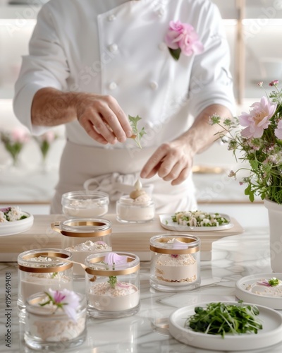 Male Chef in Modern Kitchen Experimenting with Creative Vanilla Ice Cream Recipes, Surrounded by Fresh Ingredients and Vibrant Toppings, in a Bright and Inviting Atmosphere