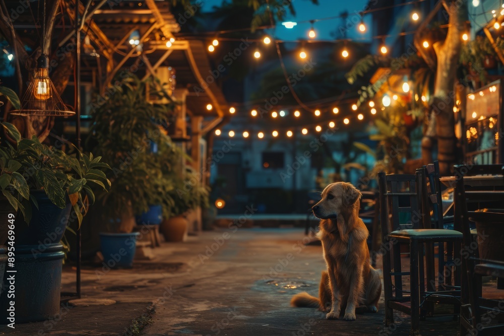 Dog relaxing under cafe lights, ideal for evening lifestyle or outdoor dining concepts Dog relaxing under cafe lights, ideal for evening lifestyle or outdoor dining concepts