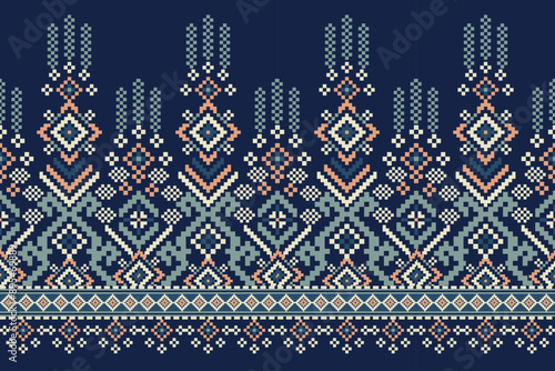 Geometric ethnic pattern on navy blue background vector illustration.floral pixel art embroidery.design for texture,fabric,clothing,decoration,print.