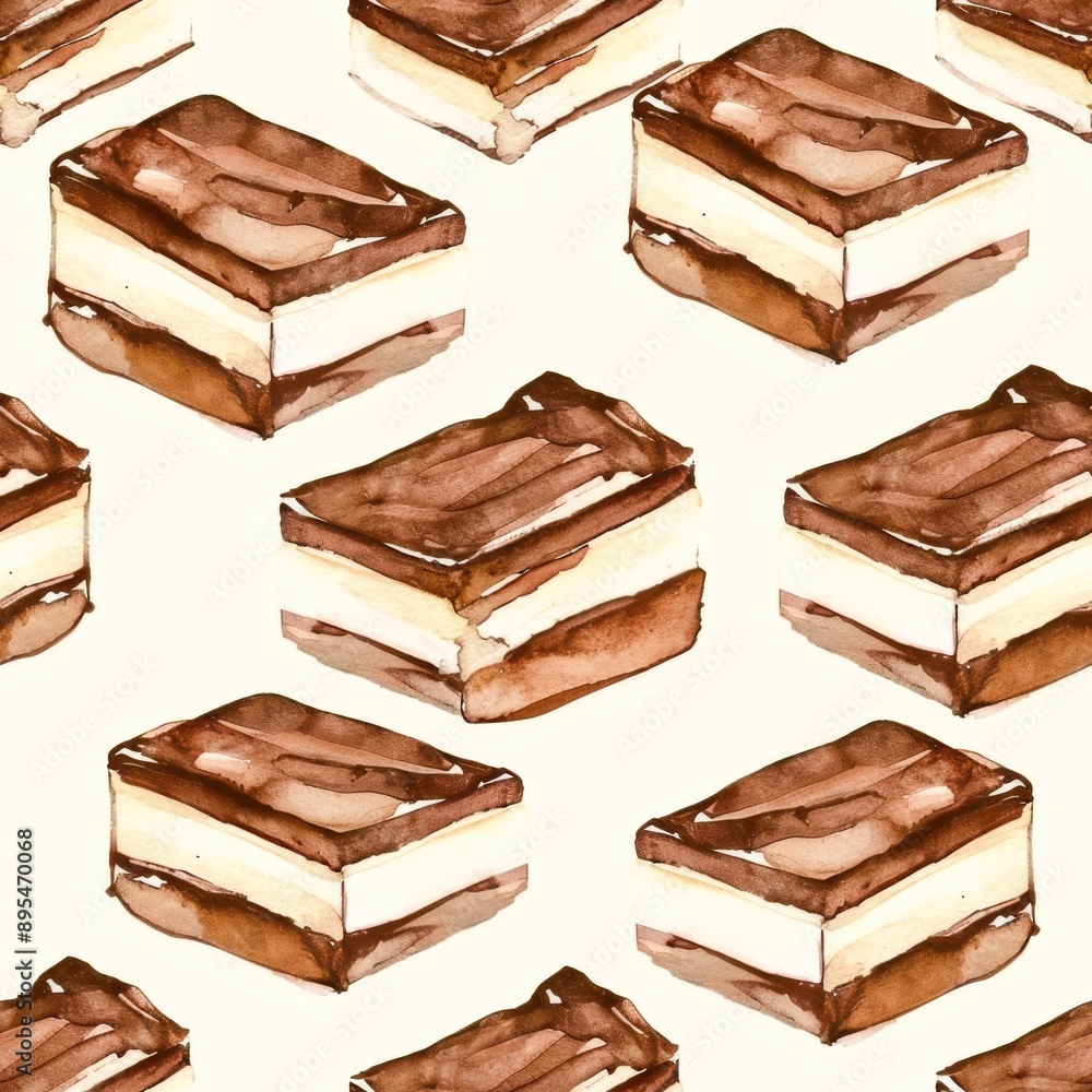 Watercolor tiramisu slices seamless repeating pattern, minimal pattern, high contrasty Watercolor tiramisu slices seamless repeating pattern, minimal pattern, high contrasty