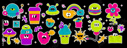 Psychedelic set of groovy characters Mushroom, Sun, Heart and more. Retro elements and stickers in acidic colors on black background. Vector surreal collection