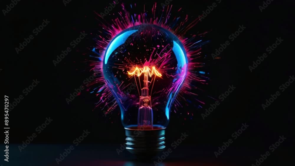 It's a lightbulb with a bright light inside and pink and blue splatters around it. The background is black. It's a lightbulb with a bright light inside and pink and blue splatters around it. The background is black.