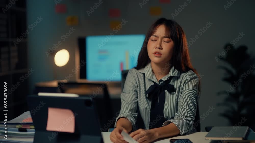 Frustrated office worker struggles to focus while reading a document in a modern office. Overwhelmed by paperwork and electronic devices, showing signs of stress and confusion Frustrated office worker struggles to focus while reading a document in a modern office. Overwhelmed by paperwork and electronic devices, showing signs of stress and confusion