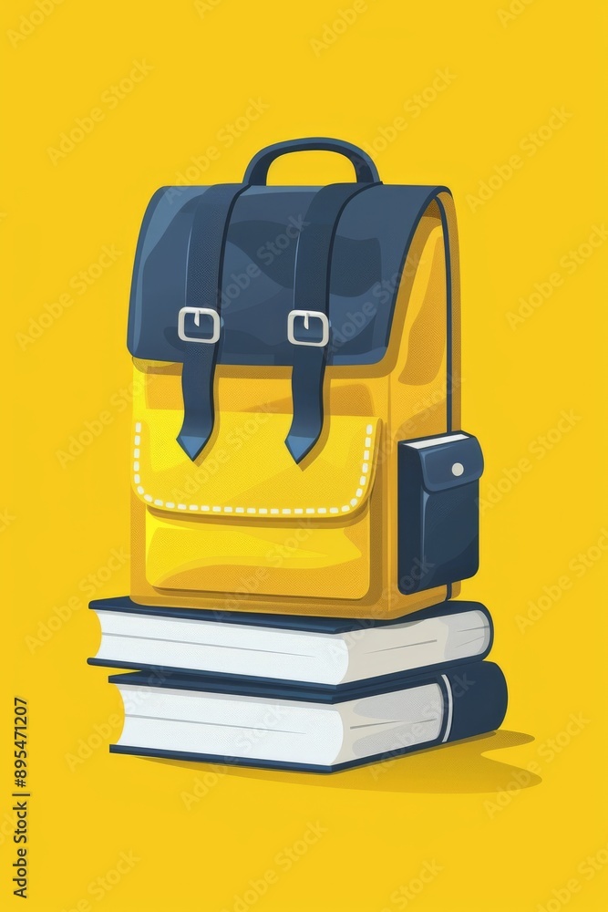 Fototapeta premium Flat design illustration of a yellow school backpack on top of a stack of books against a yellow background. Back to school.