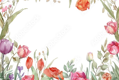 Wallpaper Mural Watercolor illustration of vibrant botanical frame with roses and tulips in various colors lush greenery and delicate petals Torontodigital.ca