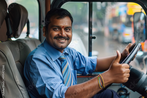 happy indian bus driver showing thumbs up