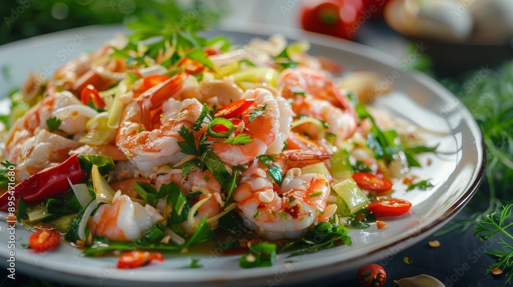 The national cuisine of Thailand. Warm salad with leeks and seafood. The national cuisine of Thailand. Warm salad with leeks and seafood.