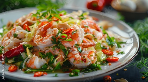 The national cuisine of Thailand. Warm salad with leeks and seafood.