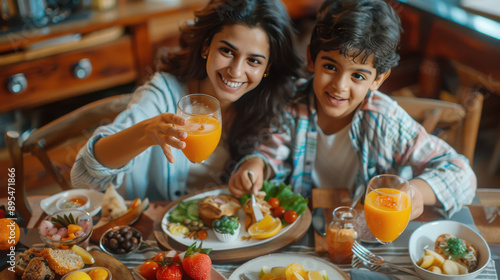 indian family, having a toast, fruits and a glass of orange juice at breakfast