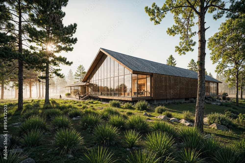 A contemporary wooden cabin with large glass windows set amidst a serene forest landscape, illuminated by soft morning light. A contemporary wooden cabin with large glass windows set amidst a serene forest landscape, illuminated by soft morning light.