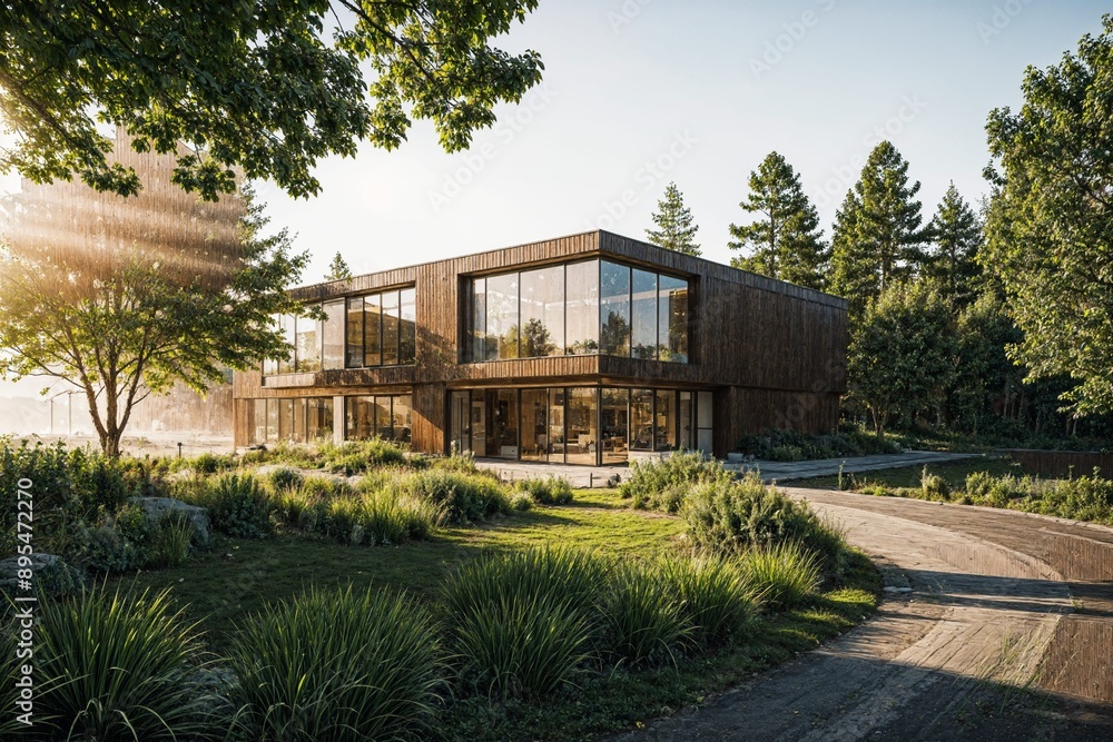 Obraz premium A modern two-story wooden building featuring expansive glass windows, set amidst lush greenery and trees in a natural setting.