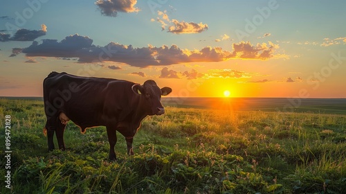 Black Cow Silhouetted Against Sunset in a Meadow