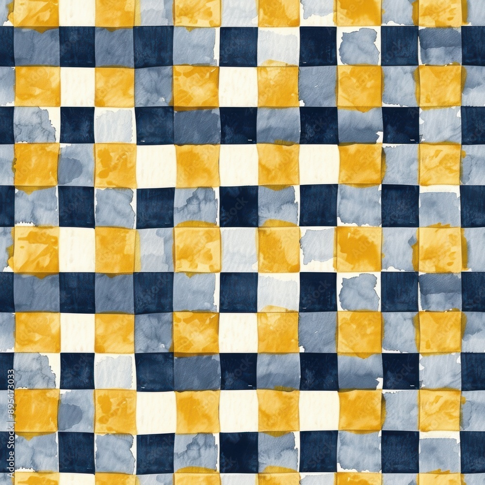 Fototapeta premium Watercolor navy and mustard gingham seamless repeating pattern, minimal pattern, high contrasty 