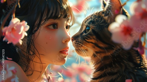 The cute girl and cat in the anime visual effects showcase cute and adorable summer scenes. Complex images and minimalism, cute art style