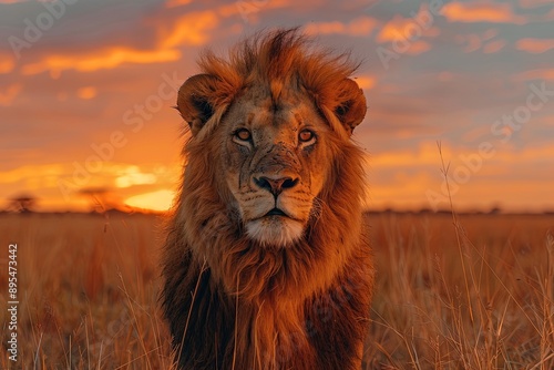 Majestic Lion Posing at Sunset in the African Savanna. Generative AI