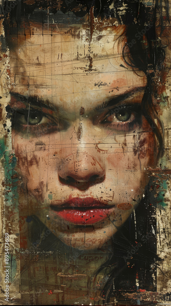 A woman's intense gaze, framed by dark hair, is captured in a close-up portrait. The textured canvas evokes a sense of mystery and depth, while the intricate details on her face suggest a story waitin A woman's intense gaze, framed by dark hair, is captured in a close-up portrait. The textured canvas evokes a sense of mystery and depth, while the intricate details on her face suggest a story waitin