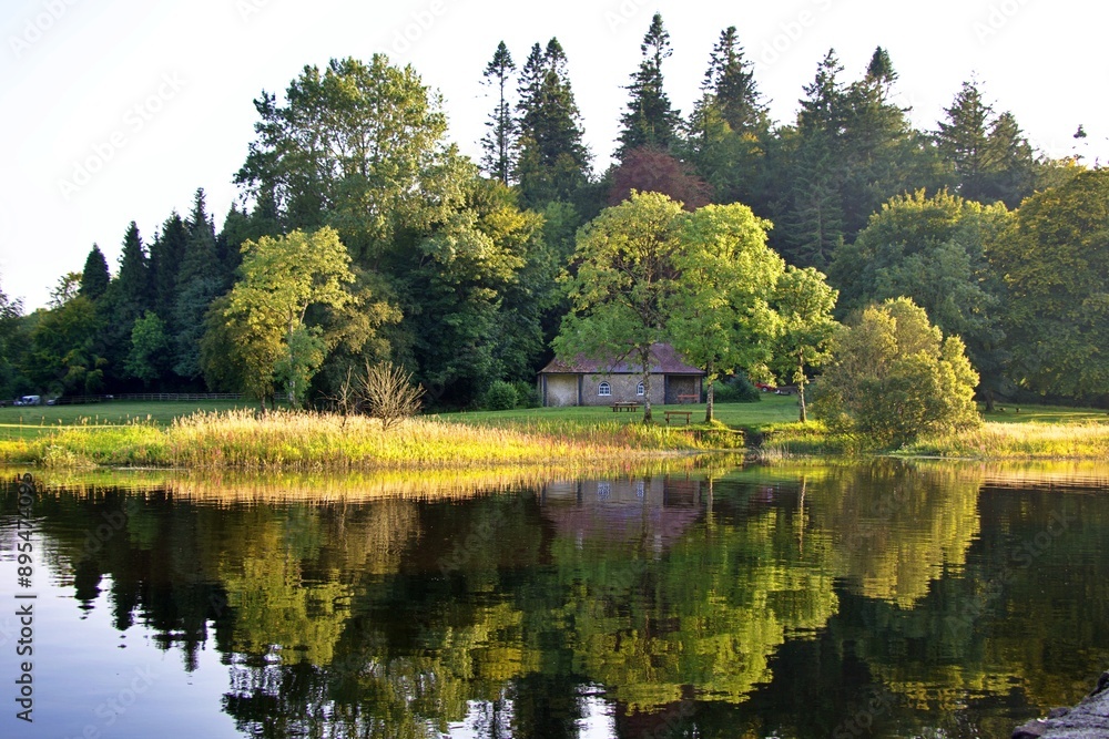 A small quaint house in the woods by a lake, in an enchanted magical landscape, with reflections on water. A small quaint house in the woods by a lake, in an enchanted magical landscape, with reflections on water.