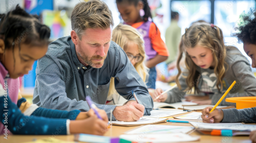A lively after-school drawing class with a teacher interacting with elementary students as they work on their art. A lively after-school drawing class with a teacher interacting with elementary students as they work on their art.