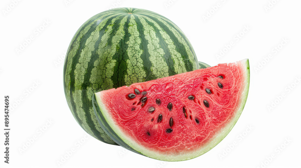 A perfectly round and juicy watermelon with a slice cut out, revealing the red flesh and black seeds, on a white background A perfectly round and juicy watermelon with a slice cut out, revealing the red flesh and black seeds, on a white background