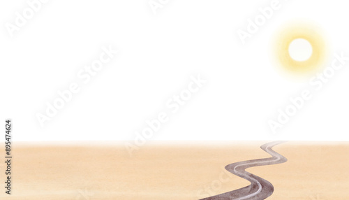 Fotografie Desert road freeway on sand with shining sun landscape watercolor illustration isolated on white background in simple style