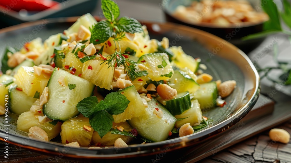The national cuisine of Thailand. Thai cucumber salad with pineapples, herbs and peanuts. The national cuisine of Thailand. Thai cucumber salad with pineapples, herbs and peanuts.