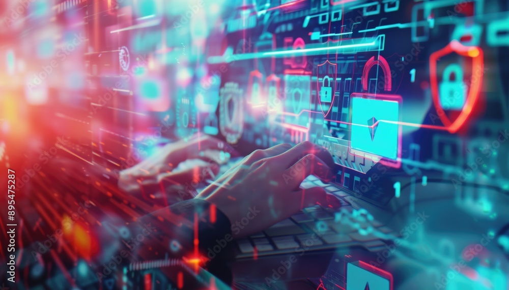 Hands typing on a keyboard with a digital security interface and icons in the background. Cybersecurity, data protection, internet safety, hacking prevention, digital security concepts. Hands typing on a keyboard with a digital security interface and icons in the background. Cybersecurity, data protection, internet safety, hacking prevention, digital security concepts.