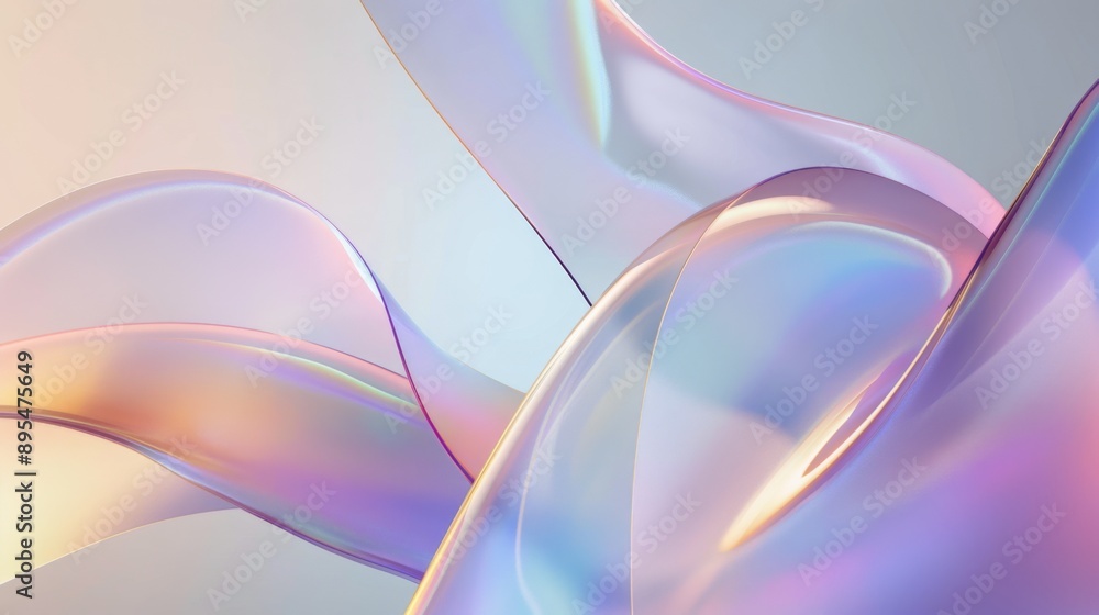 Fototapeta premium Macro glass 3d Y2K render abstract background. Transparent glassmorphism modern texture. Holographic curved wave in motion. Gradient design element.