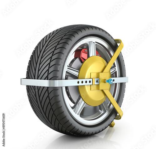 Fotografie Yellow wheel clamp on a white background.