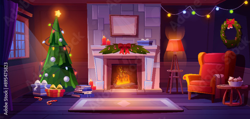Cozy living room interior with Christmas tree, holy on fireplace with flame and garland decoration. Xmas home with armchair and lamp, carpet on floor and window with curtain, tea table and bookcase.
