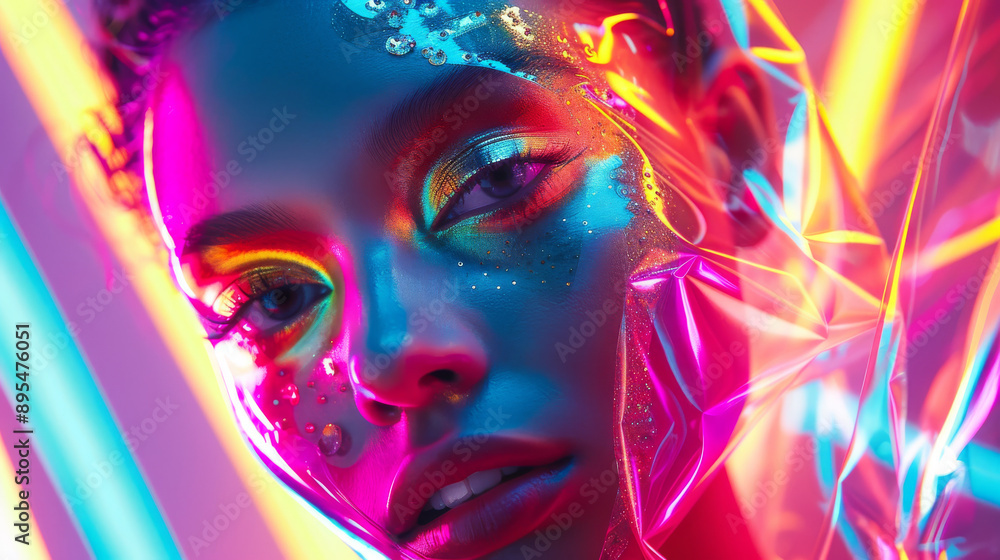 A fashion model poses in a studio under bright neon lights. Her face is painted with colorful makeup, and she wears a transparent film over her head. The background is a vivid mix of colors. A fashion model poses in a studio under bright neon lights. Her face is painted with colorful makeup, and she wears a transparent film over her head. The background is a vivid mix of colors.